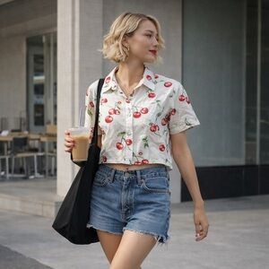 Angel Kiss Off-White Cherry-Print Crop Button-Down Shirt